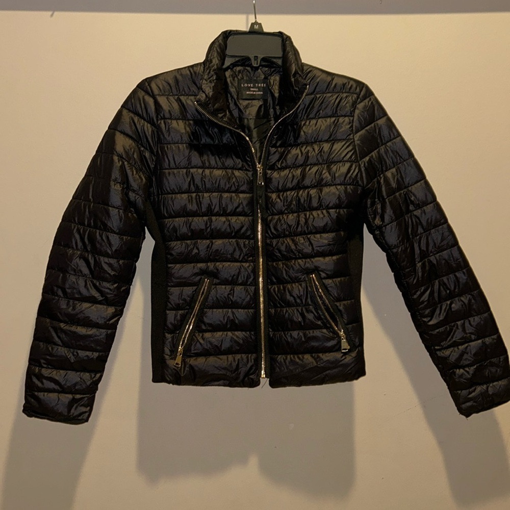 Black and gold Love Tree Puffer Jacket with pockets